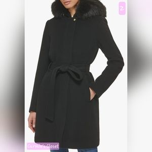 🔥NWT🔥OBO🔥 🟣 Cole Haan Women's Belted Faux-Fur-Trim Hooded Coat Size 2